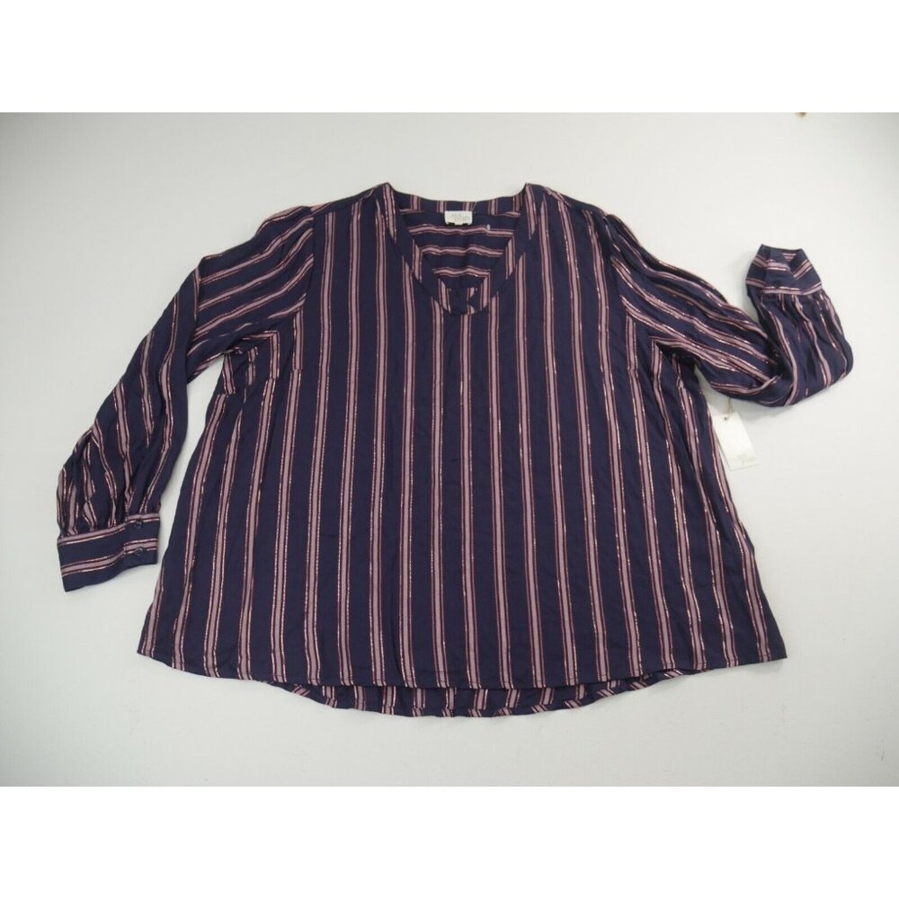 Ava James Navy Blue Long Sleeve Lightweigh Blouse Metallic Stripes  Wms 2XL New